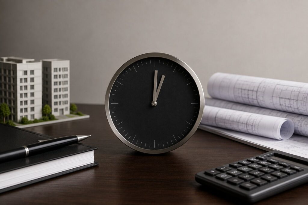 Relógio sem numerais sobre mesa escura ao lado de maquete de prédio, plantas e calculadora, ilustrando o prazo de entrega do imóvel