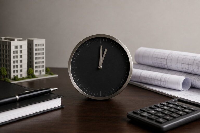 Relógio sem numerais sobre mesa escura ao lado de maquete de prédio, plantas e calculadora, ilustrando o prazo de entrega do imóvel