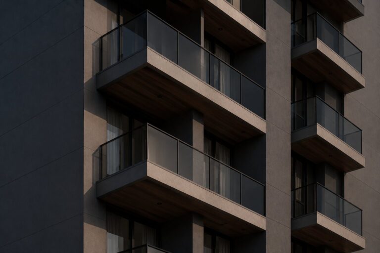 Detalhe da fachada de um edifício residencial com sacadas, ilustrando a dívida de condomínio ligada à unidade