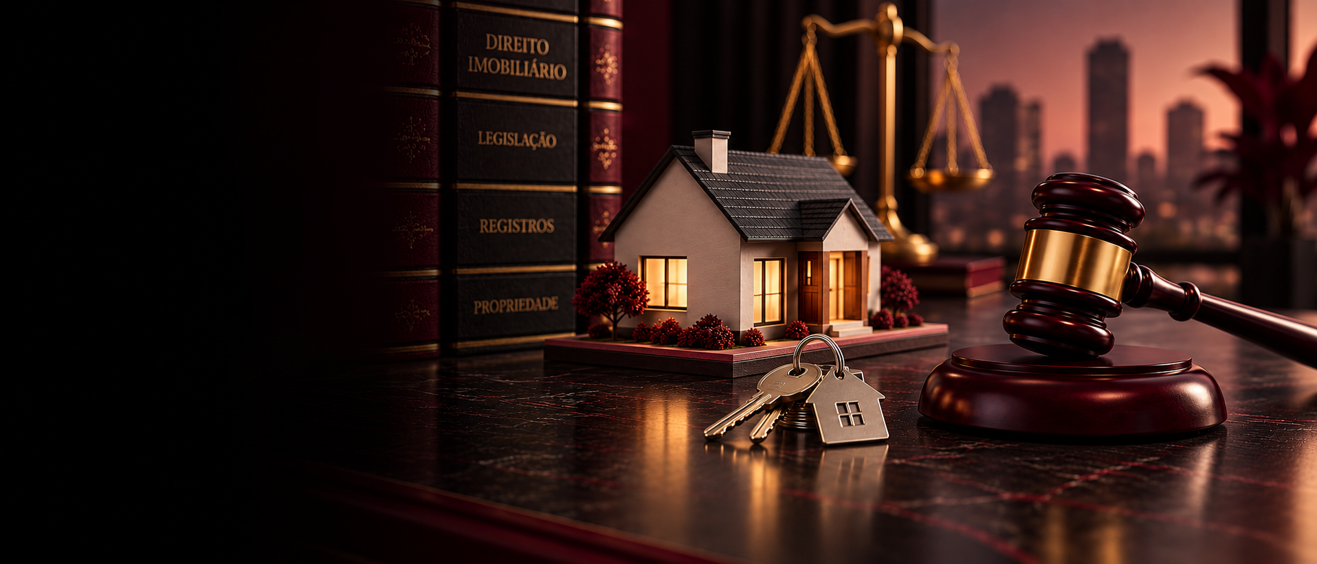 Livros de Direito Imobiliário, casa em miniatura, balança da justiça e martelo sobre mesa de escritório, com a cidade ao entardecer ao fundo